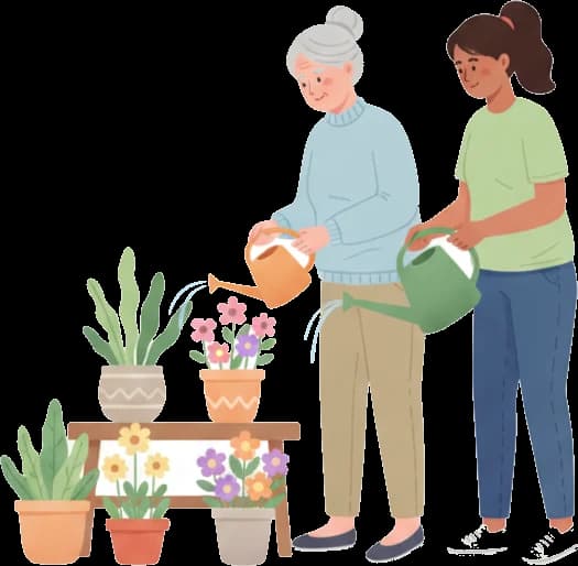 Illustration: an older woman and a care worker watering potted flowers together.
