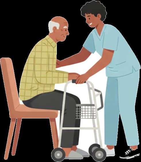 Illustration: a care aide helping an older man stand up from a chair.