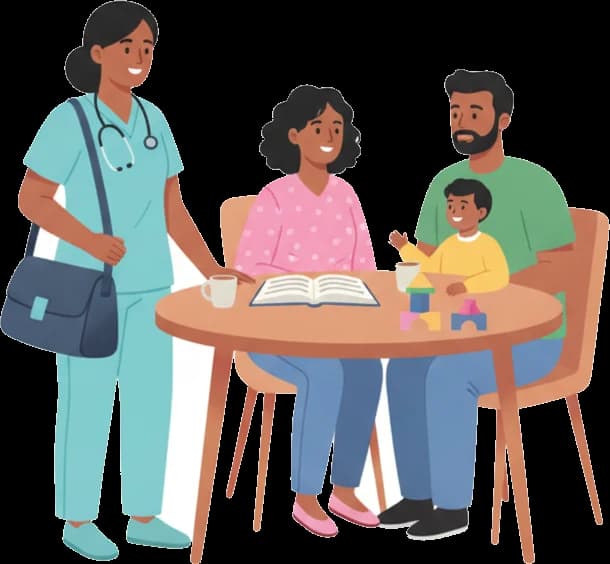 Illustration: a nurse visiting a family seated around a table.