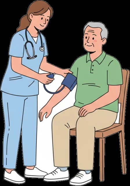 Illustration: a nurse taking a seated patient's blood pressure.