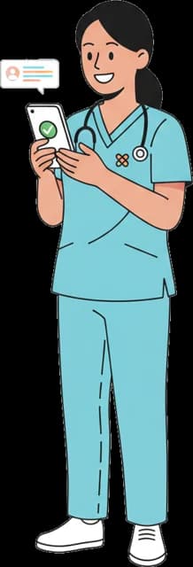 Illustration: a nurse smiling at a job notification on her phone.