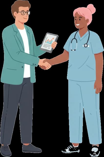 Illustration: a clinic manager with a tablet shaking hands with a new nurse.